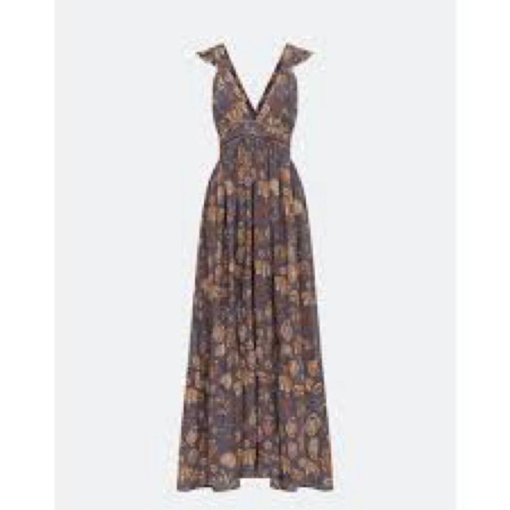 CAROLINA K Penelope Flutter Sleeve Maxi Dress Grey Linen Sea Beach Print - Picture 6 of 10